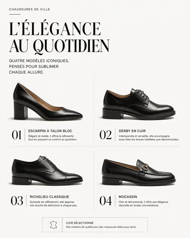 Différents modèles de chaussures de ville femme : escarpins, derbies, richelieus et mocassins pour un style élégant.