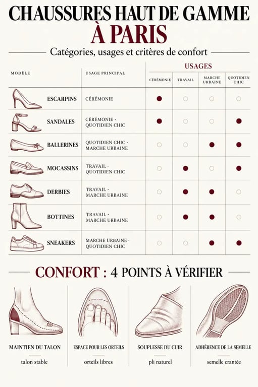 Chaussures luxe femme Paris : guide visuel des modèles et critères de confort