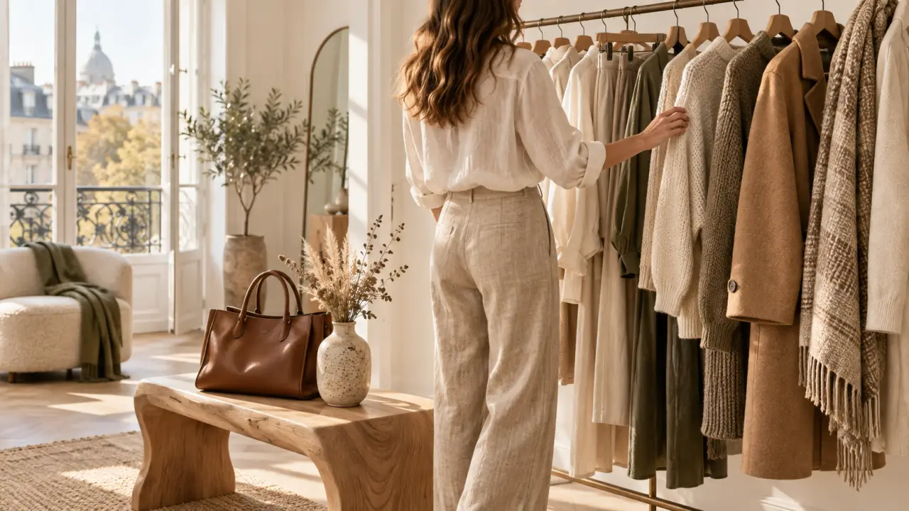 Femme élégante portant un trench beige et un sac artisanal dans une rue parisienne