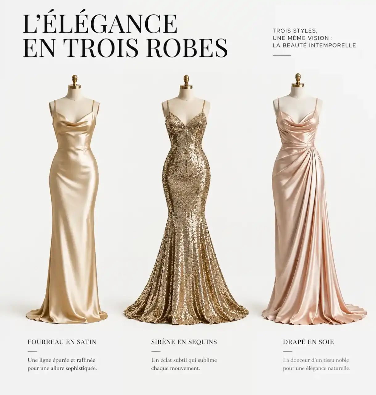 Trois modèles de robe soirée dorée chic : fourreau satin champagne, sirène pailletée or antique et robe drapée en soie
