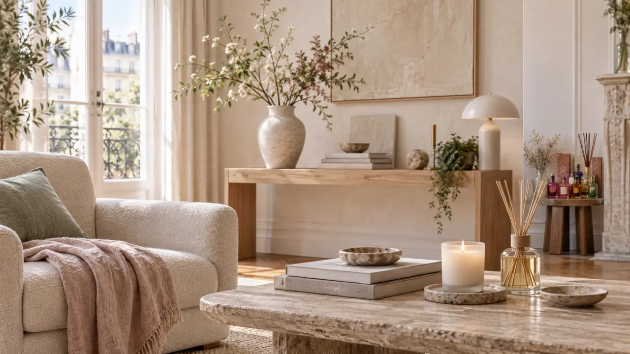 Bougie parfumée et diffuseur élégants dans un intérieur lumineux