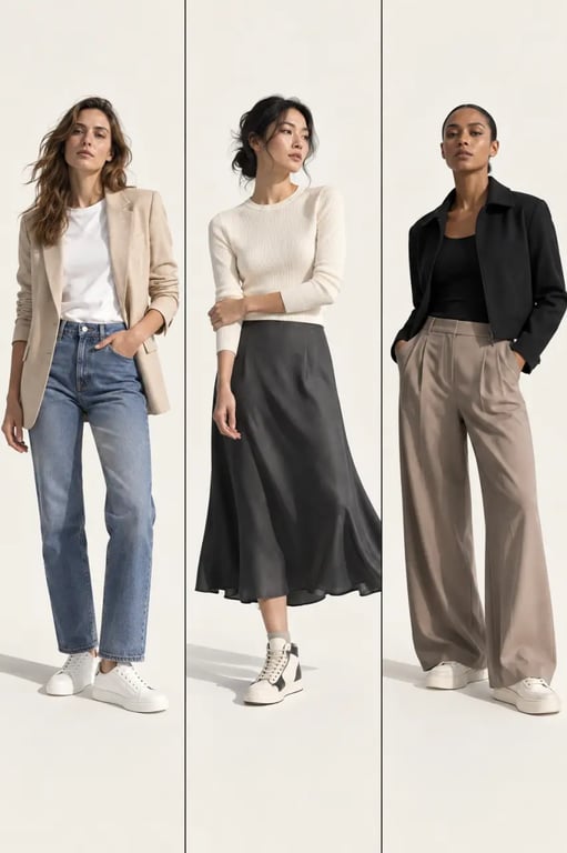 Baskets femme soldées associées à une robe, un jean et un pantalon large