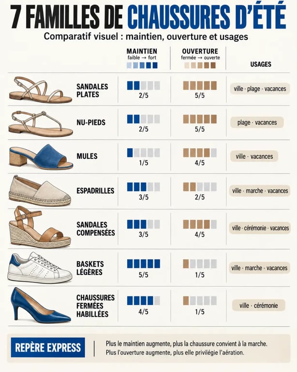 Infographie comparative des chaussures d’été pour femme selon le maintien et l’usage