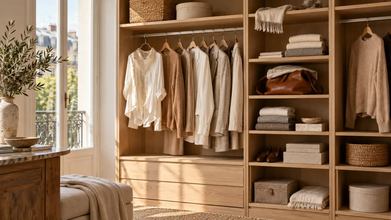 Dressing élégant composé de vêtements en laine, soie, cuir et cachemire