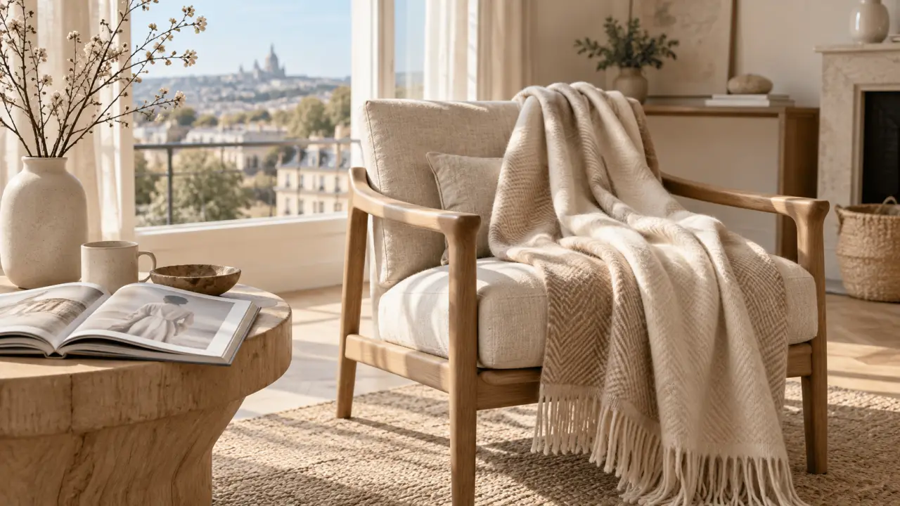 Étole en laine française délicatement posée sur un fauteuil dans un intérieur lumineux