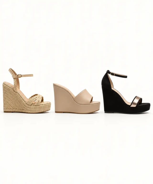 Différents modèles de chaussures compensées femme en corde, similicuir et finition habillée
