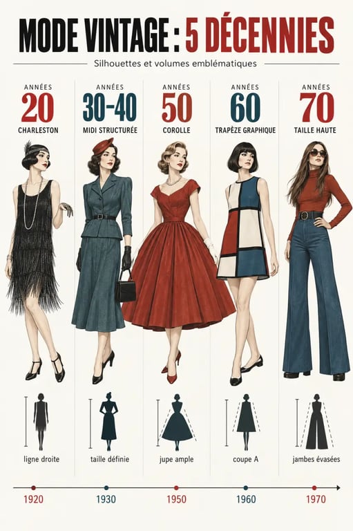 Infographie des silhouettes de mode vintage femme des années 20 à 70
