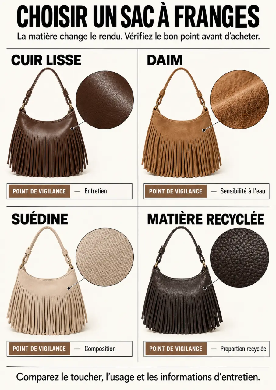 Infographie pour choisir un sac à main à franges selon sa matière et son entretien