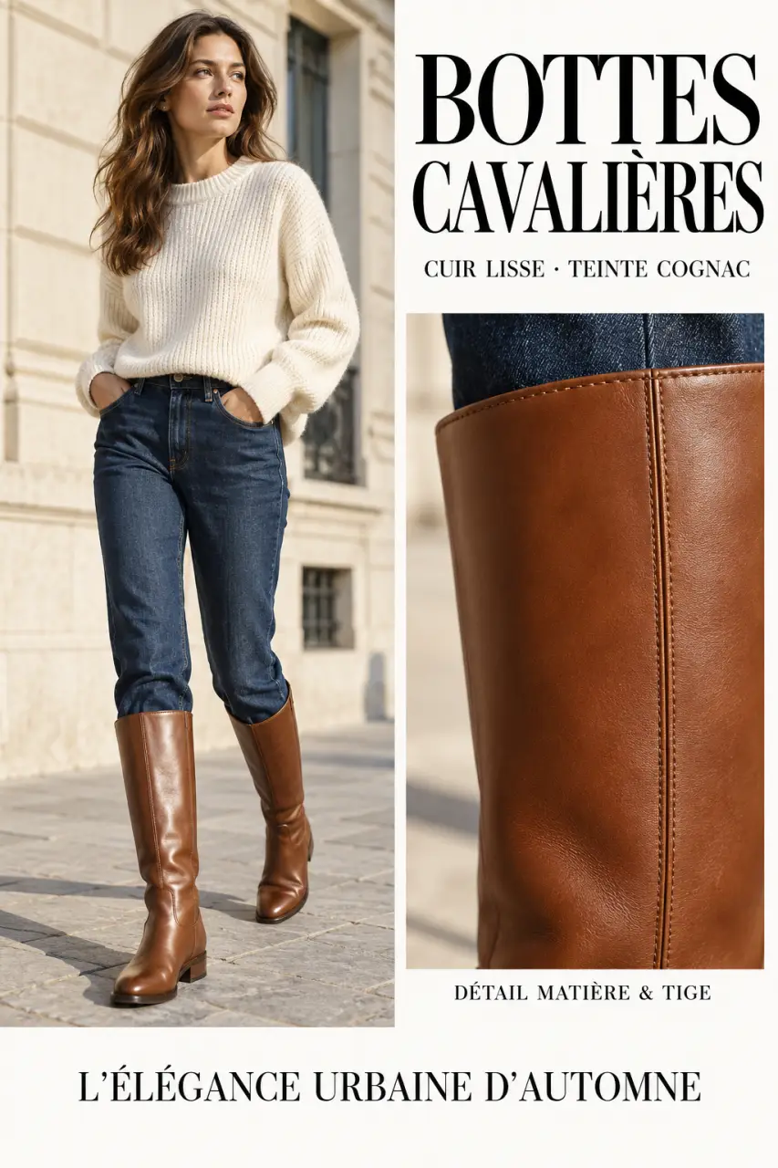 Bottes cavalières femme marron cognac portées avec un jean brut et un pull écru