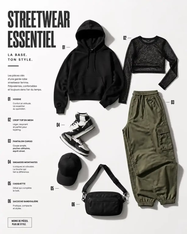 Pièces essentielles streetwear femme hoodie cargo crop top sneakers