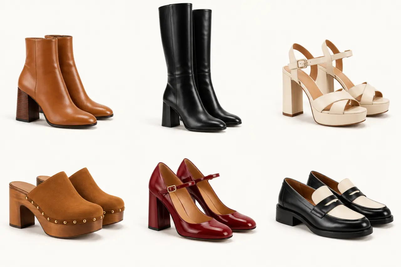 Chaussure femme année 70 : bottines, bottes, plateformes, sabots, babies et mocassins rétro
