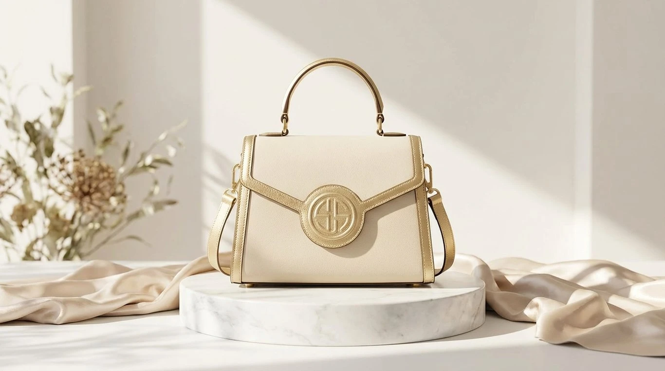 Sac à main en cuir camel texturé sur marbre