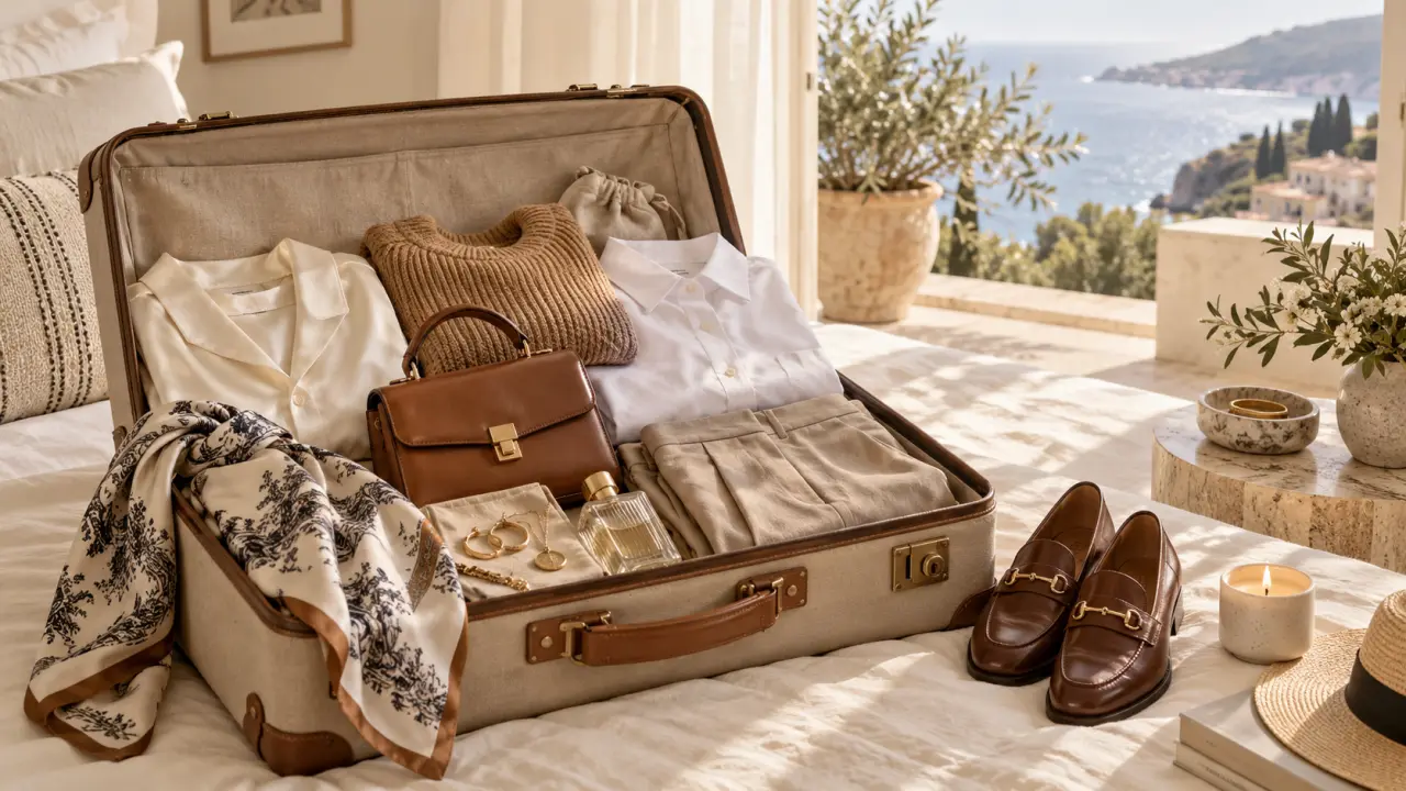 Valise élégante et accessoires de voyage dans une ambiance lumineuse et raffinée