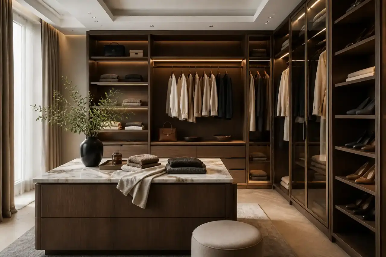 Femme élégante dans un dressing lumineux aux matières nobles