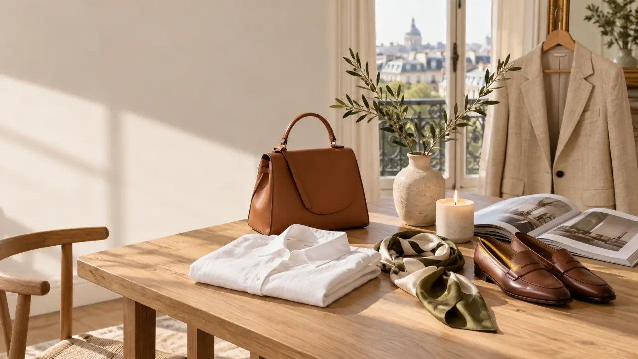 Femme élégante portant un trench beige et un sac en cuir artisanal dans une rue parisienne