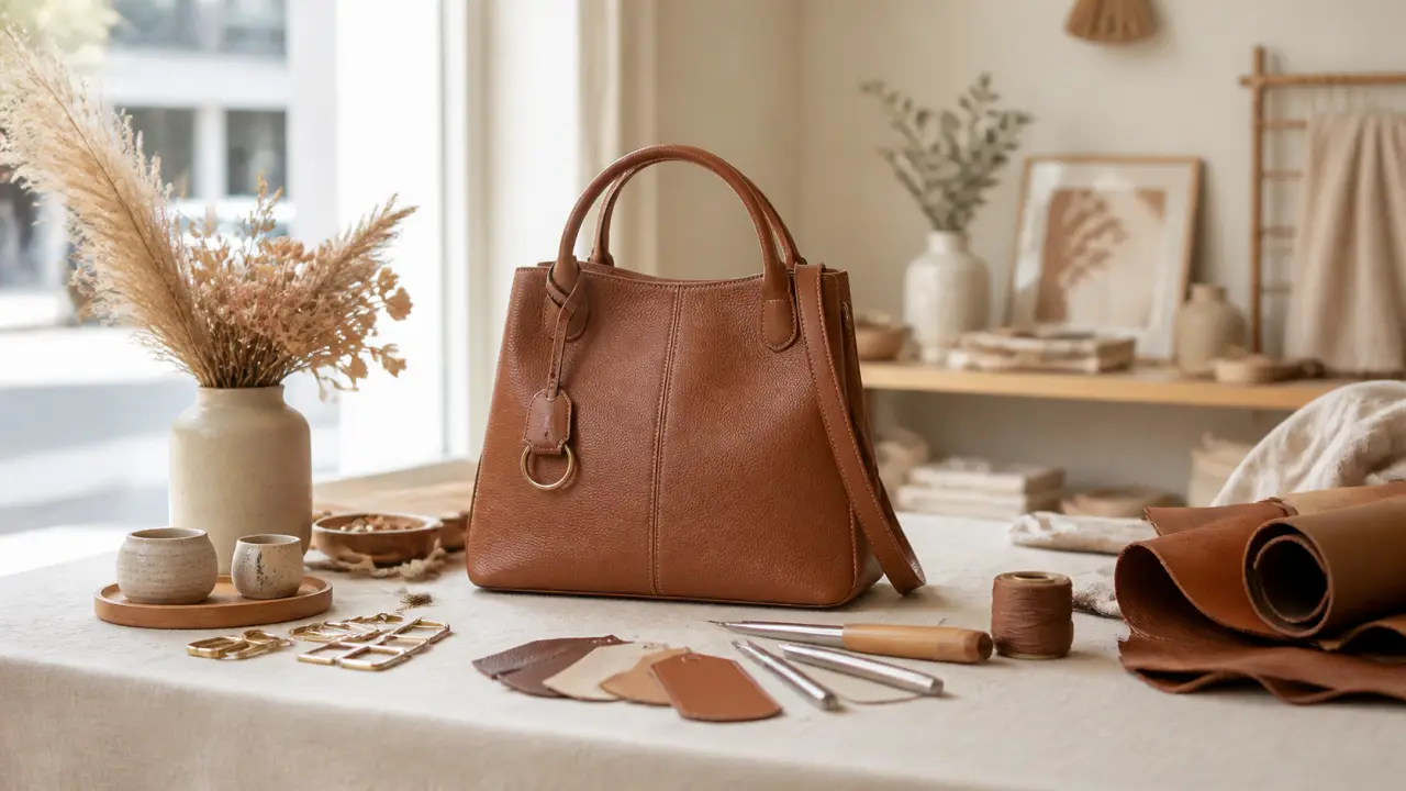 Femme élégante portant un sac en cuir artisanal dans une rue parisienne