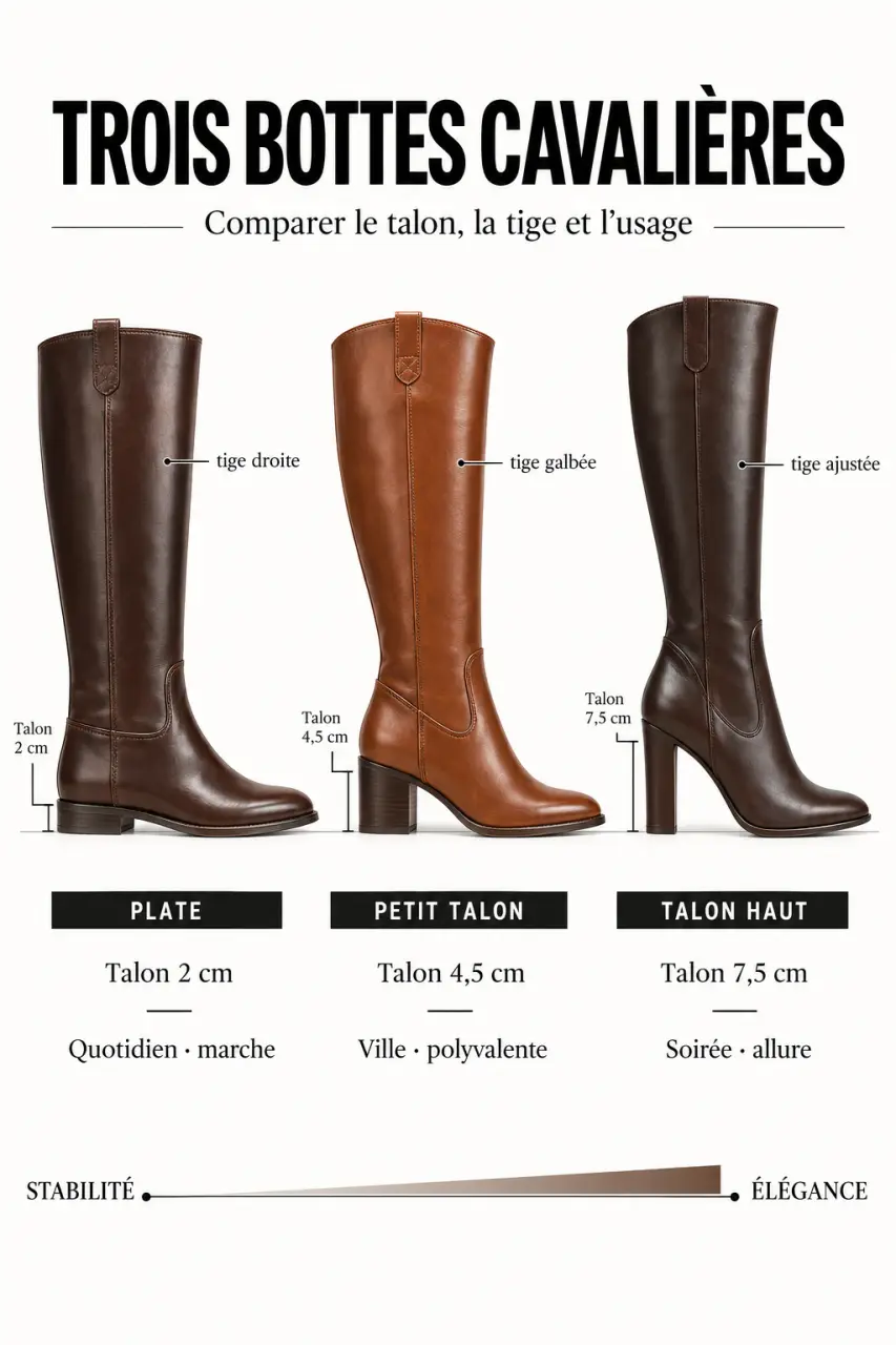 Bottes cavalières femme marron plates, à petit talon et à talon haut