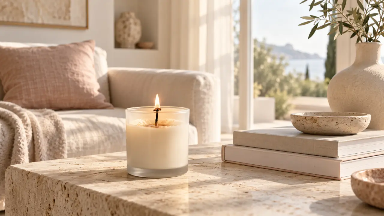 Bougie parfumée élégante allumée dans un intérieur lumineux et raffiné