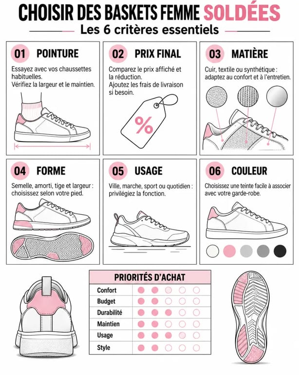 Infographie des critères pour choisir des baskets femme soldées