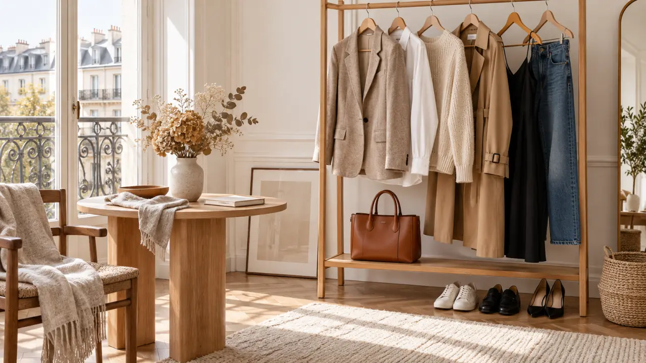 Femme élégante portant un trench beige et un sac artisanal dans une rue parisienne