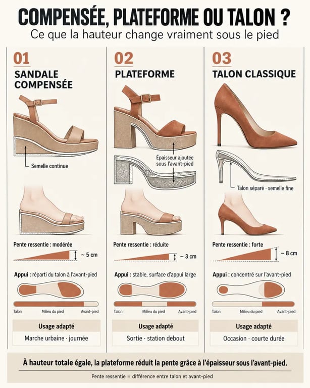 Infographie sur les chaussures compensées femme, la plateforme et le talon classique