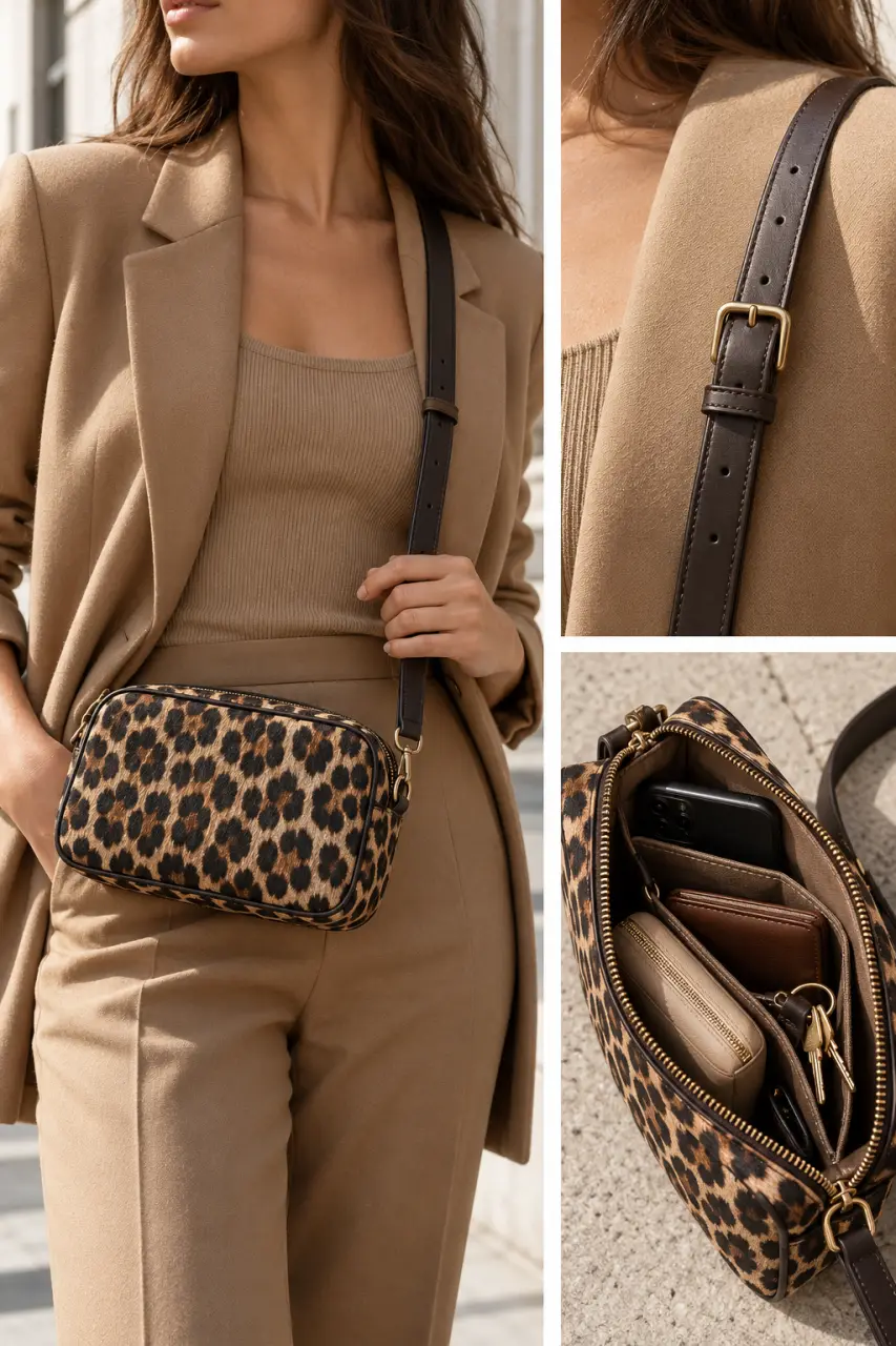 Sac léopard bandoulière porté en crossbody avec vue sur la sangle et l’organisation intérieure