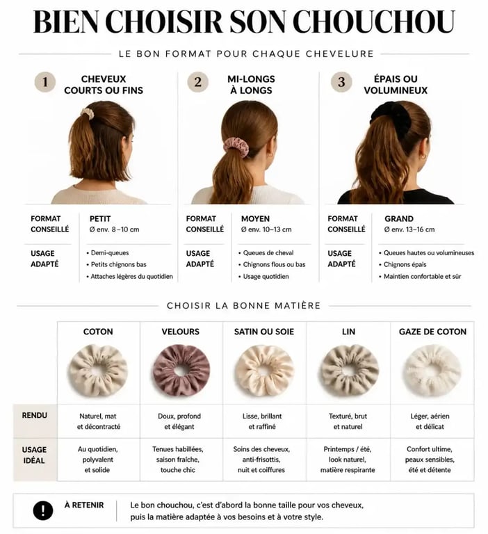 Infographie pour choisir un chouchou cheveux selon la taille, la matière et le type de cheveux