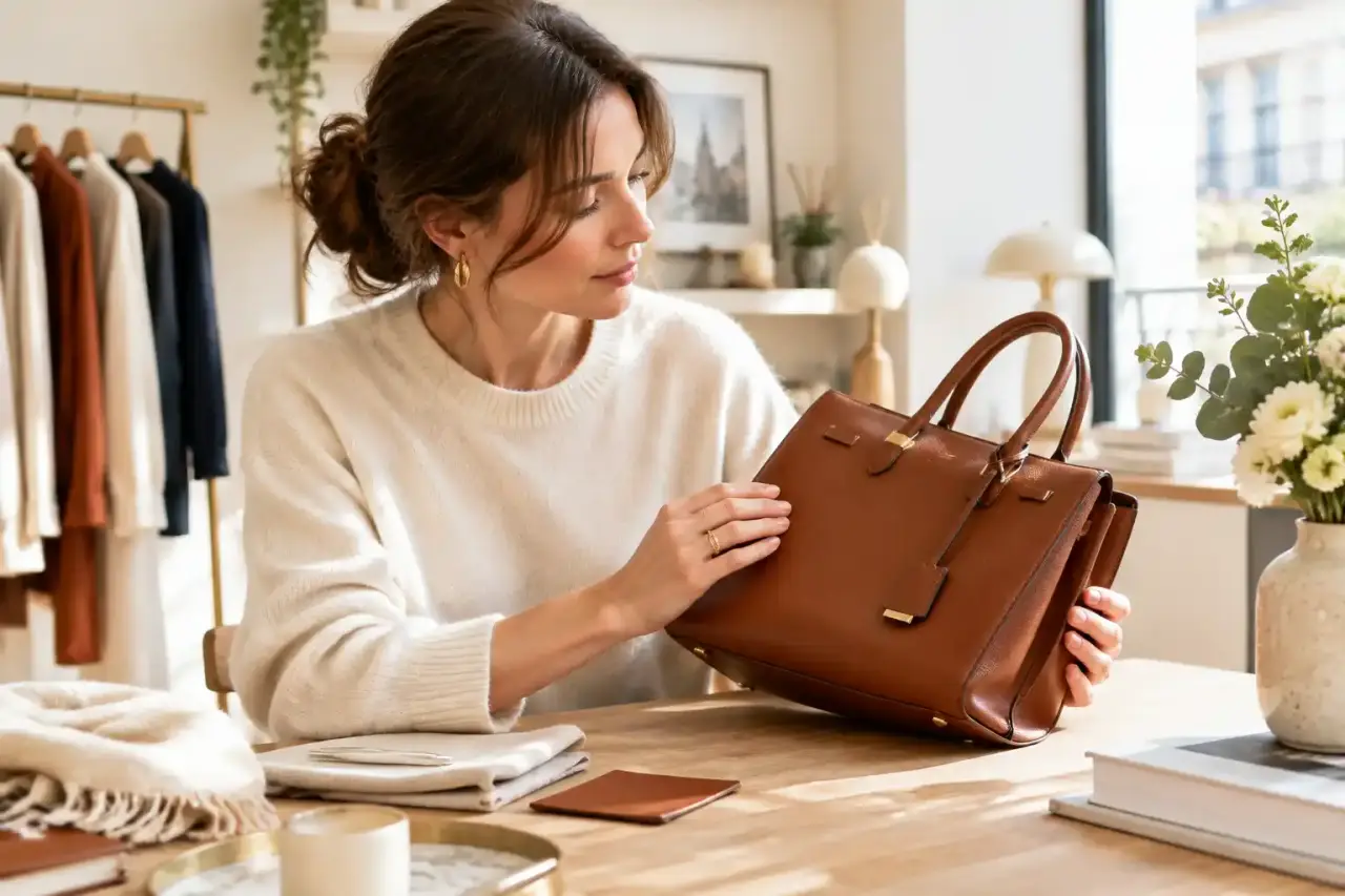 Femme élégante portant un sac en cuir artisanal dans une rue parisienne