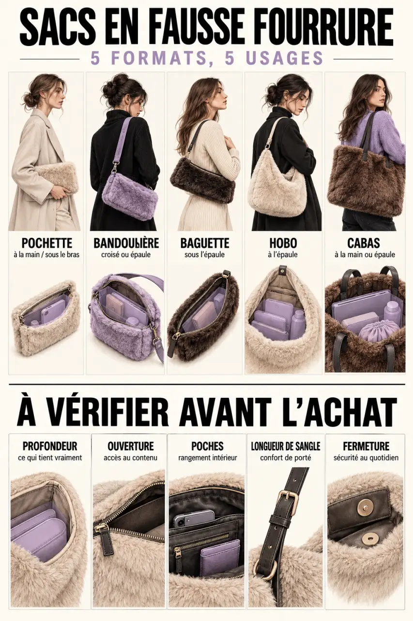 Infographie pour choisir un sac fausse fourrure selon le format, le volume utile et le mode de porté