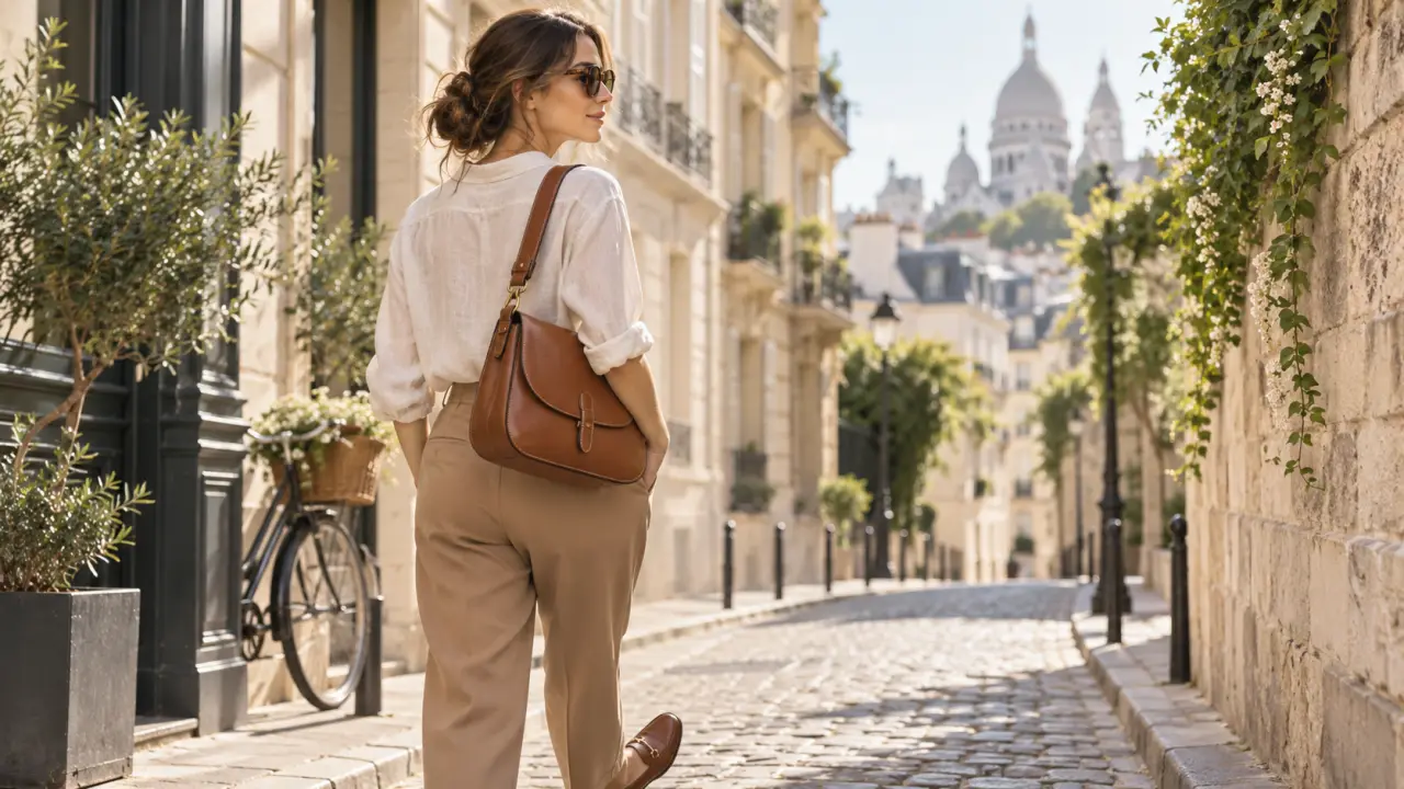 Femme élégante portant un sac artisanal français dans une rue parisienne