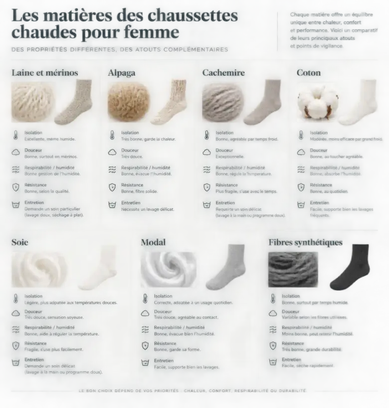 Infographie comparative des matières pour choisir une chaussette chaude pour femme
