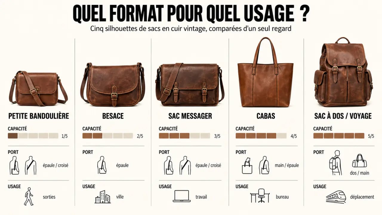 Infographie des formats de sac cuir vintage selon la capacité, le portage et l’usage